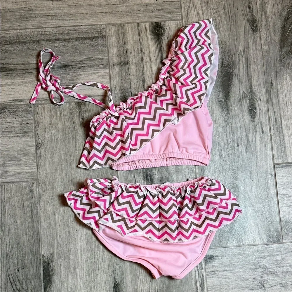 12/18 Months Pink Chevron Ruffle Bikini Set